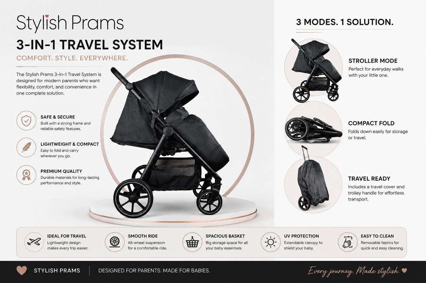 Stylish Prams Foldable Travel Stroller